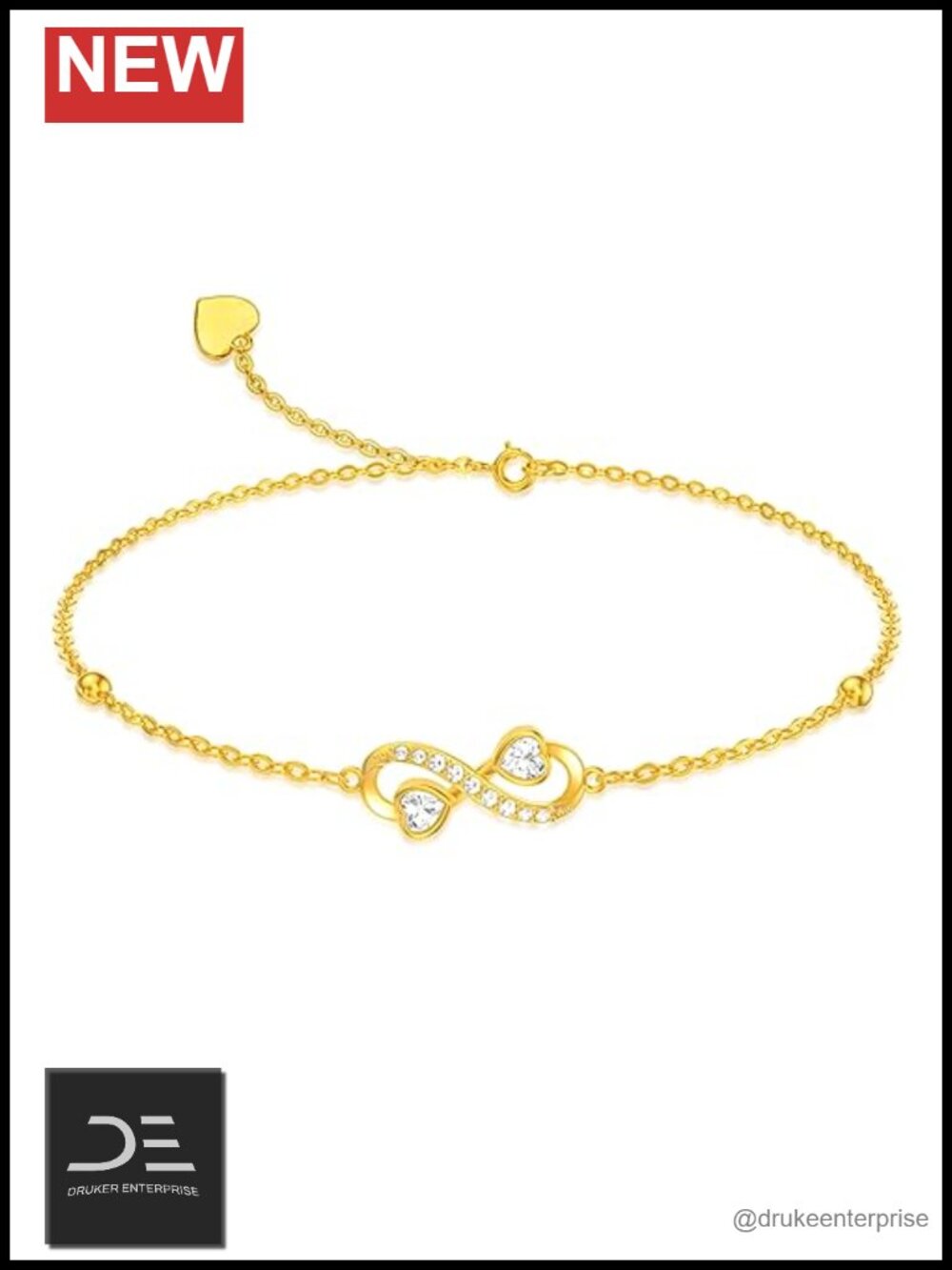 14k Solid Gold Infinity Heart Link Bracelet w/ CZ
